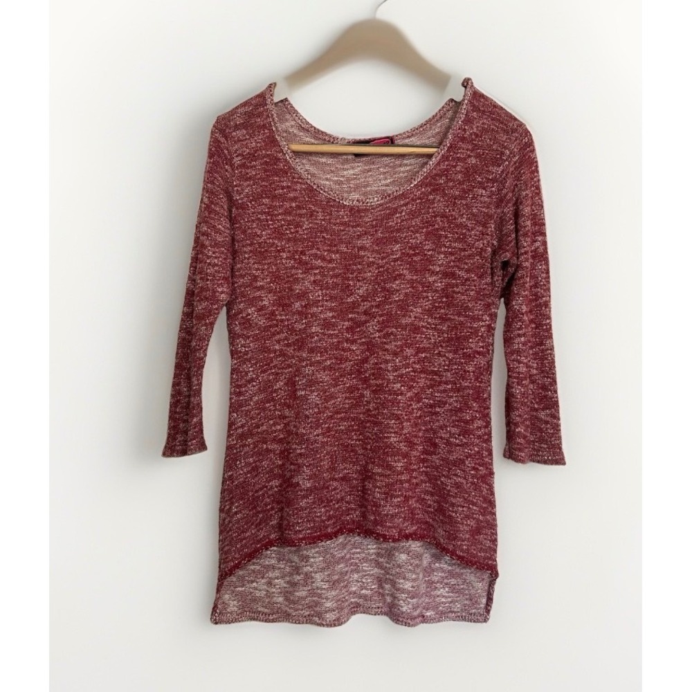 Say What? Women Burgundy Marled Knit High-Low Scoop Neck 3/4 Sleeve Top Medium